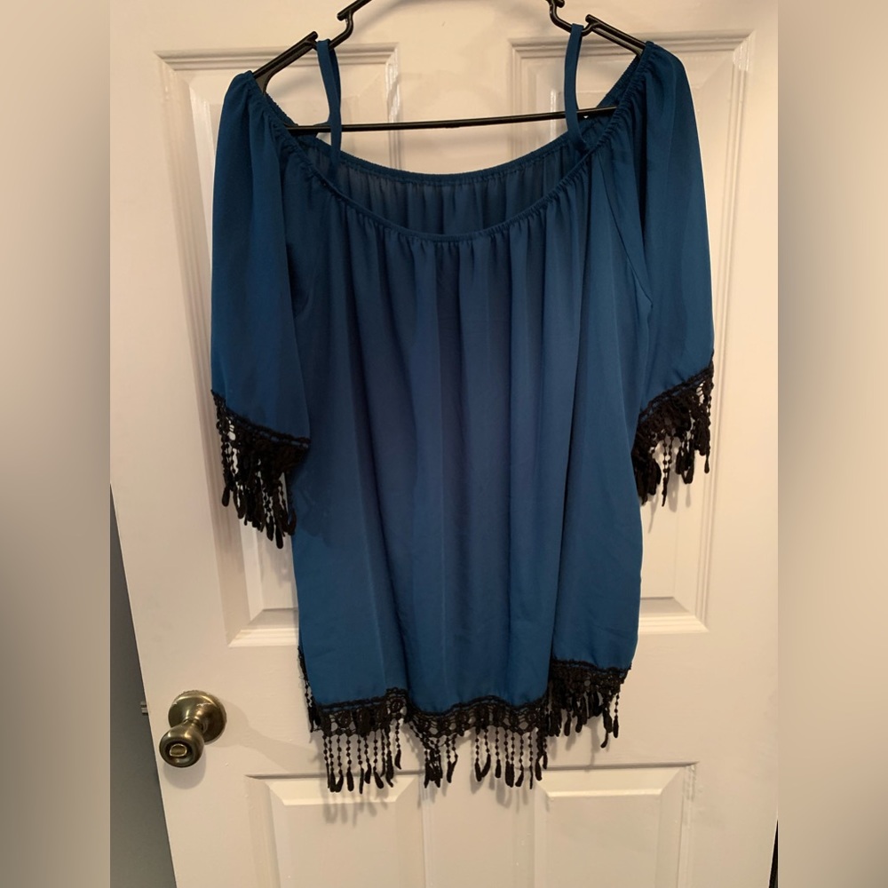 Audrey Ann Dark Blue Off the Shoulder Blouse